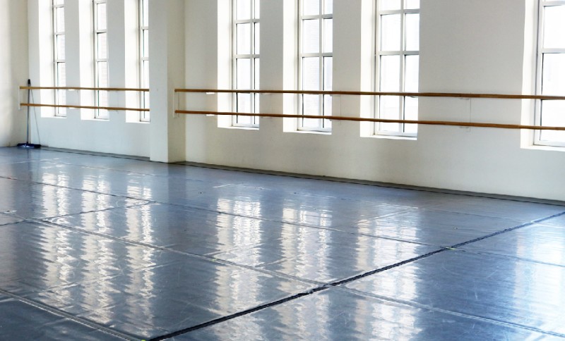 Inside view of the Armitage Gone! Dance studio where the residency will take place. Shows windows, slip resistant floor and bars
