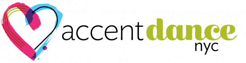 A pink, blue, and green watercolor heart followed by the text "accent dance nyc"