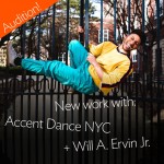 Choreographer Will A. Ervin Jr. wears a yellow shirt and turquoise pants, smiling and hanging playfully on a fence