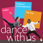 A dancer in a red leotard extends her right arm in the air held at the waist by her dancer partner in a green tank top.