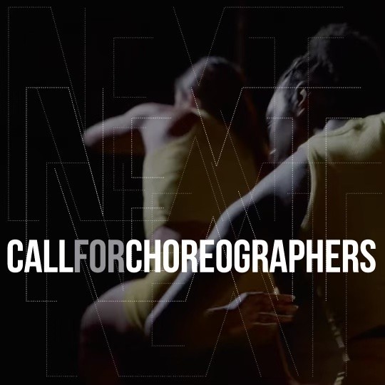 Black and grey bold text reading " Call for Choreographers" against a shadowy background of dancers in motion
