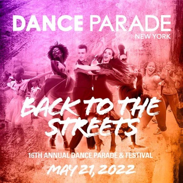 Vibrant orange and purple flier with images of dancers and text that reads 'Dance Parade, Back to the Streets'