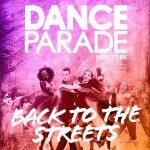 Vibrant orange and purple flier with images of dancers and text that reads 'Dance Parade, Back to the Streets, May 21, 2022"