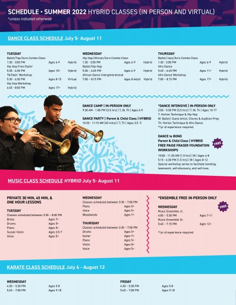 Text of available classes with times and cost and image of students playing trumpet. 