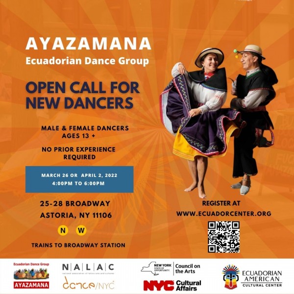 Two Ecuadorian folkloric dancers on the right, text information about the open call on the left 