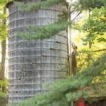 A blonde haired woman climbs a water tower with a long red dress trailing below her