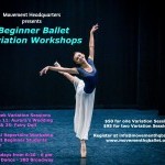 Female dancer in navy blue leotard and long white skirt stands en pointe holds her arms up high while her leg is bent behind her
