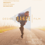 Image shows a dancer jumping on an empty two-lane road edited with a digital distortion surrounded by text. 