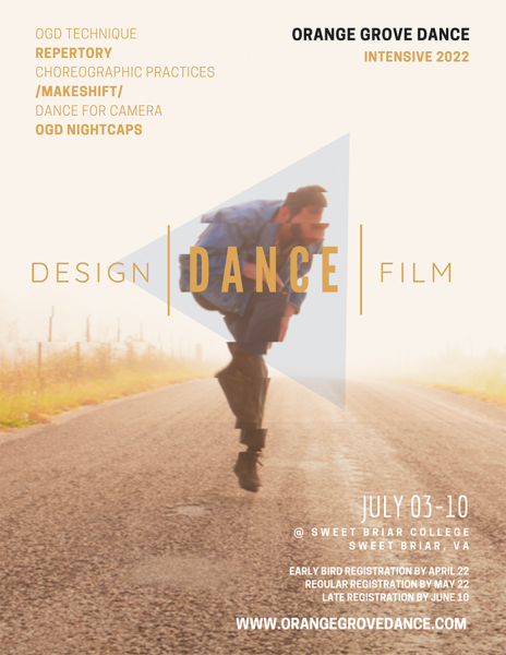 Image shows a dancer jumping on an empty two-lane road edited with a digital distortion surrounded by text. 