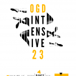 Centered fragmented words in gold and black read OGD INTENSIVE 23. QR code in the bottom, right corner directs to the website.