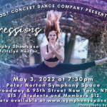 White female dancer wearing black crop top, black tight in the air doing a straddle jump