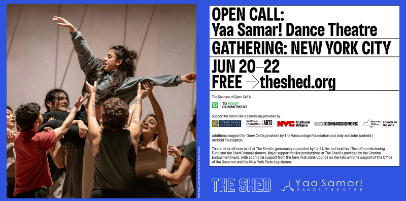 An ensemble of dancers lift another performer overhead. The dancer being held aloft wears a green sweatshirt and gray sweatpants