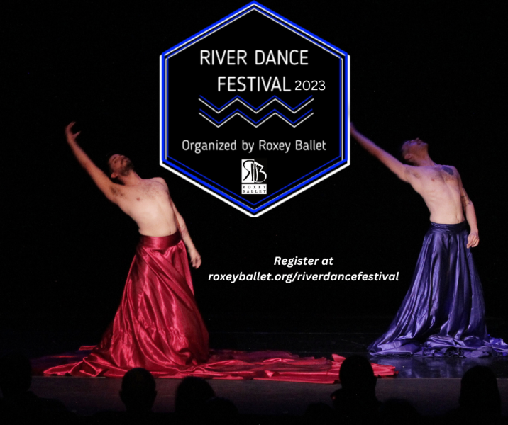 Two dancers reaching with their arm to the corner, one wearing a blue dress and the other wearing a red dress.