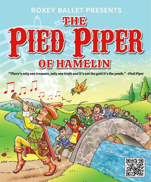 Illustrated brightly colored promotional poster for “The Pied Piper of Hamelin” presented by Roxey Ballet