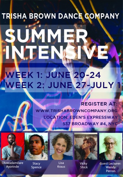 Poster for the summer intensive with dates and times and photographs of the 5 teachers. 