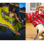 Mexican Folkloric dancer with colorful, flowy skirt and traditional Ecuadorian dancer on the right