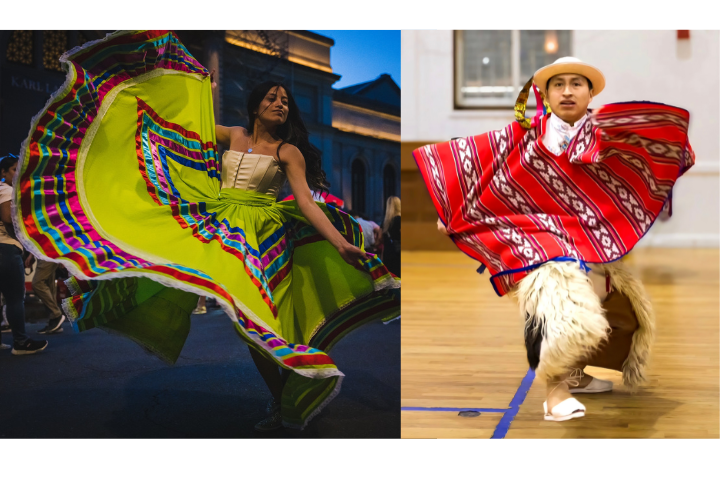 Mexican Folkloric dancer with colorful, flowy skirt and traditional Ecuadorian dancer on the right