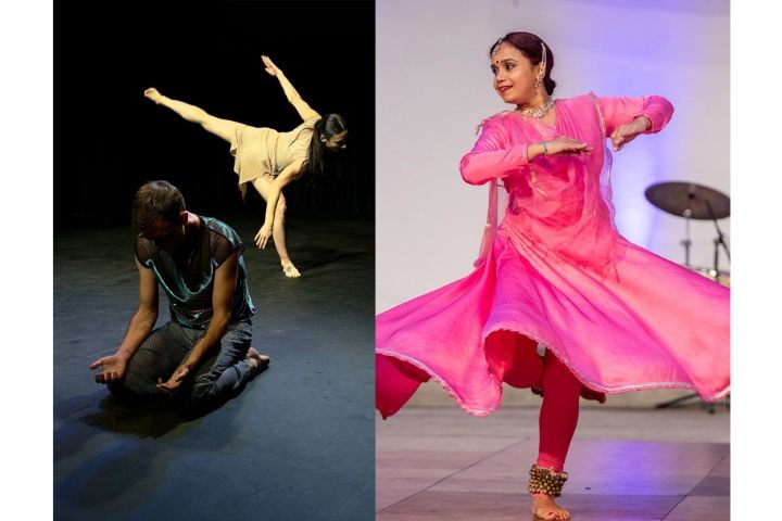Split image of contemporary dancers and classical Indian dancer 