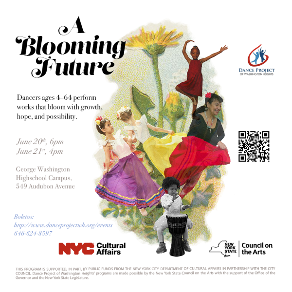 Show Flyer for A Blooming Future which includes colorful images of flowers and dancers