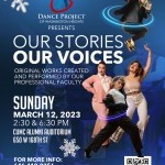 dancers Arielle Rosales, Amanda Castro and Selena Tornez pose on a dark blue background, Max Pollak is jumping 