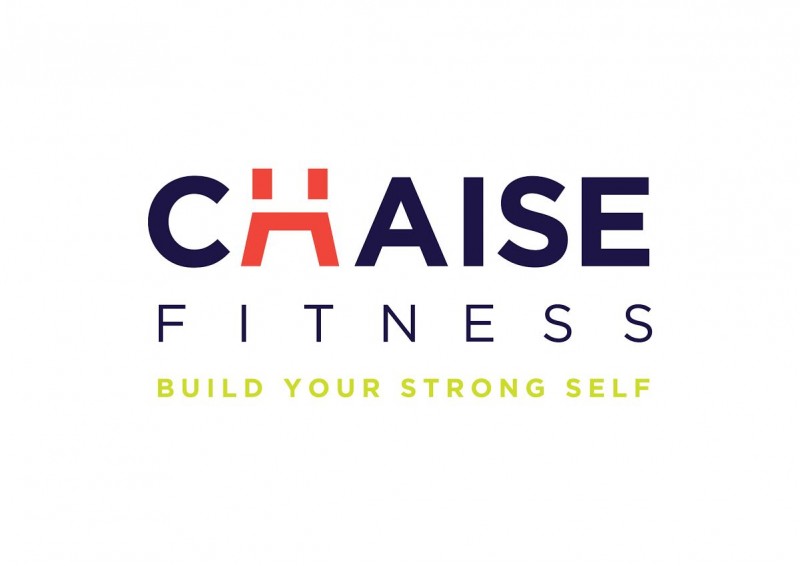 ChaiseFitness Studio logo in navy, orange, and green. Words, "build your strong self" on logo