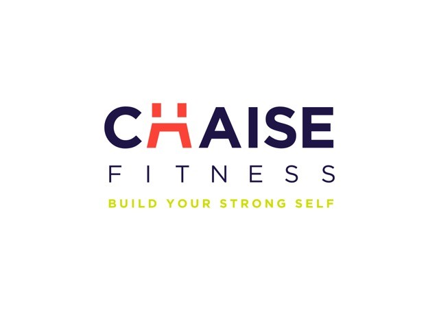 ChaiseFitness Studio logo in navy, orange, and green. Words, "build your strong self" on logo