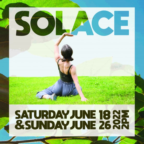 dancer reaching towards the word solace on a park landscape with event dates listed below