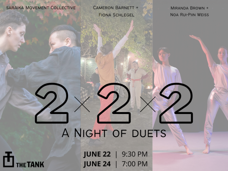 A collage of 3 images, with a duet of dancers in each image. The text reads "2x2x2: a Night of Duets"