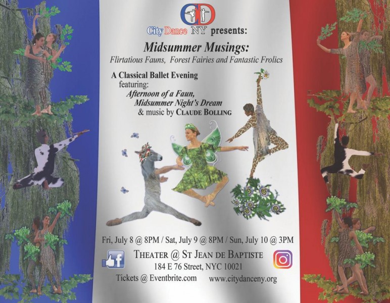 A fairy, faun and donkey in flight ready to dance for you in front of a French flag