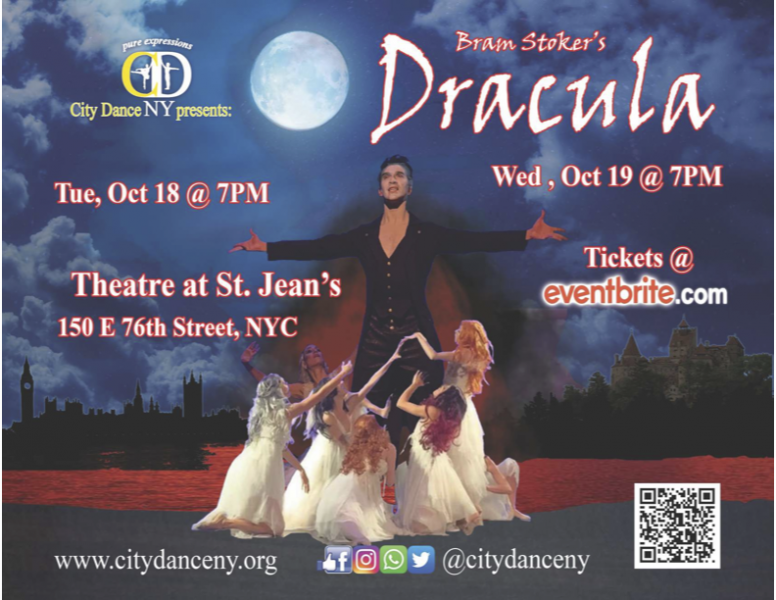 Dark faired Dracula stands amongst white dressed Vampire women who are reaching towards him.