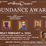 AbunDance Awards flyer. Headshots of the honorees: CHLOE AND MAUD ARNOLD, ARCELL CABUAG, NICOLE DEWEEVER, JAMEL GAINES, ASSANE K