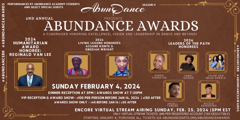 AbunDance Awards flyer. Headshots of the honorees: CHLOE AND MAUD ARNOLD, ARCELL CABUAG, NICOLE DEWEEVER, JAMEL GAINES, ASSANE K