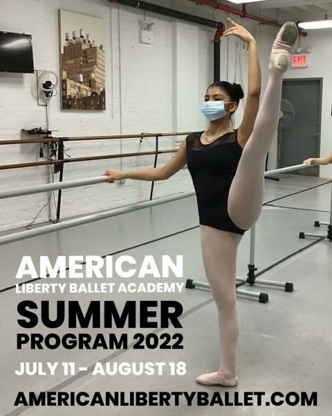 Student in a la seconde, text reads American Liberty Ballet Summer Program 2022 July 11 through August 18