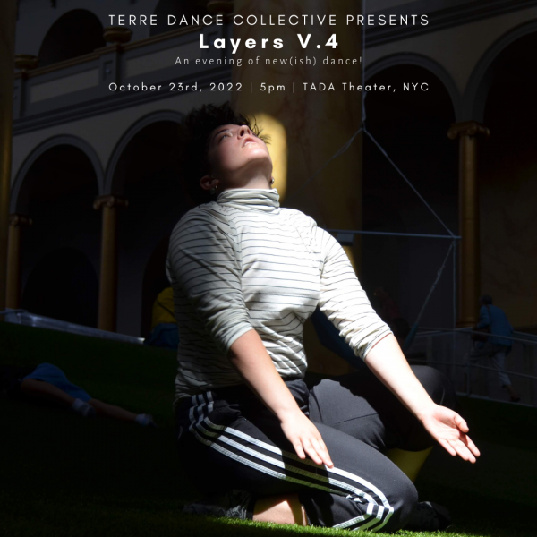 A dancer in striped clothing kneels while looking up into sunlight. There are columns and arches in the background.