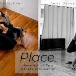 Left : 2 dancers are laying on a wooden floor and are intertwined with each other. Right: A dancer is in an inversion.