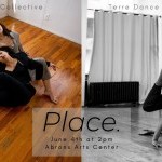 Left : 2 dancers are laying on a wooden floor and are intertwined with each other. Right: A dancer is in an inversion.