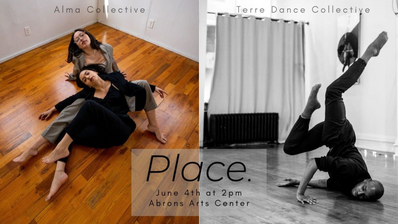Left : 2 dancers are laying on a wooden floor and are intertwined with each other. Right: A dancer is in an inversion.