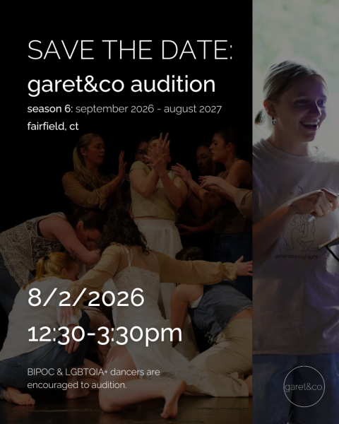 Graphic: save the date for Garet&Co;'s audition, happening August 2nd 12:30-3:30pm in Fairfield CT