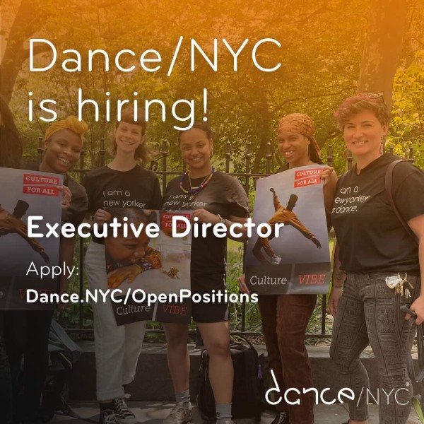 Dance/NYC staff at a rally for arts and culture, Text reads ‘Dance/NYC is Hiring! Executive Director.