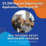 Image of people in a circle, reaching hands inward. Text reads: $2,200 Regrant Opportunity! Applications Due August 19