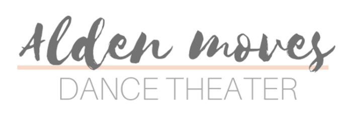 Grey and pink logo with "ALDEN MOVES Dance Theater" text