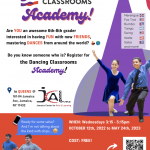 Flyer with the information for the Dancing Classrooms Academy. Address for JCAL, dates and registration link. 