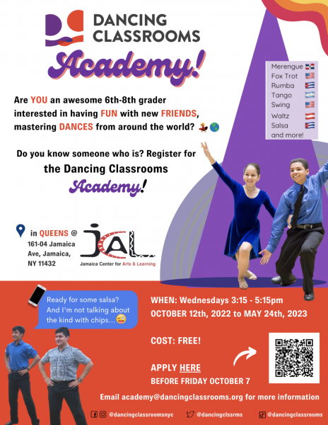 Flyer with the information for the Dancing Classrooms Academy. Address for JCAL, dates and registration link. 