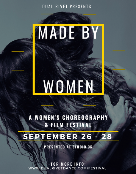 Two women embracing in black and white, with the festival logo and information about the festival 