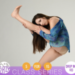 Female presenting dancer hugging leg in blue long sleeve shirt