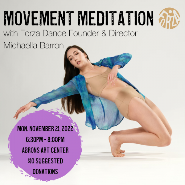 Movement Meditation Flyer with White brown haired woman in a hinge with a blue shirt