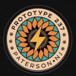 A pale peach circle on a black background. In the center of the circle is a lightning bolt inside a sunflower.