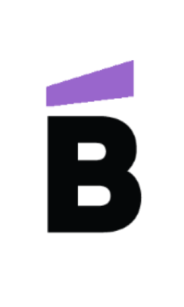 Ballet Hisp&aacute;nico School Logo. Black capital B with a purple accent above it.