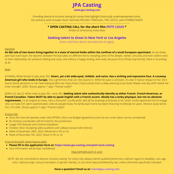 Casting flier for this project detailing production dates and character descriptions.