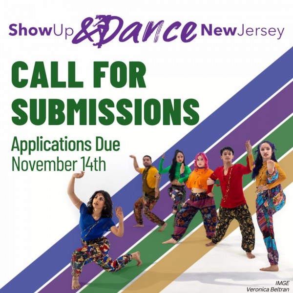 Group of dancers posed in colorful costumes. Dance New Jersey logo and stripes with text that reads "Call for Submissions".